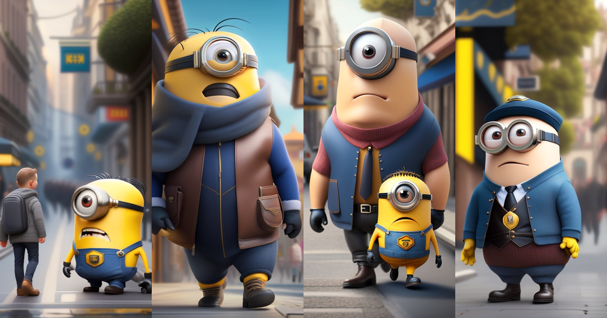 Lexica - A minion with Gru walking down a street.