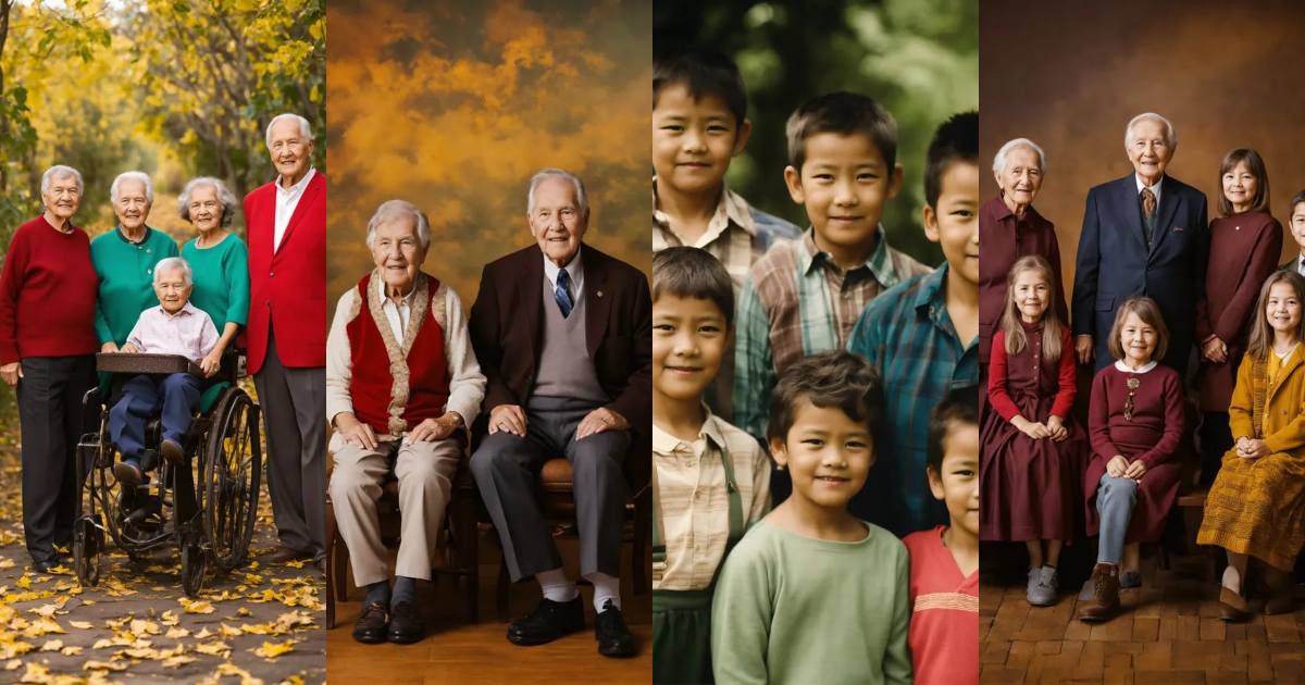 Lexica - 50-60 years elder and 6-12 children combine photo