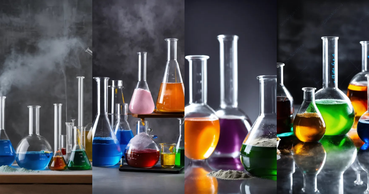Lexica - Different chemicals with powders and liquids in glassware in a ...