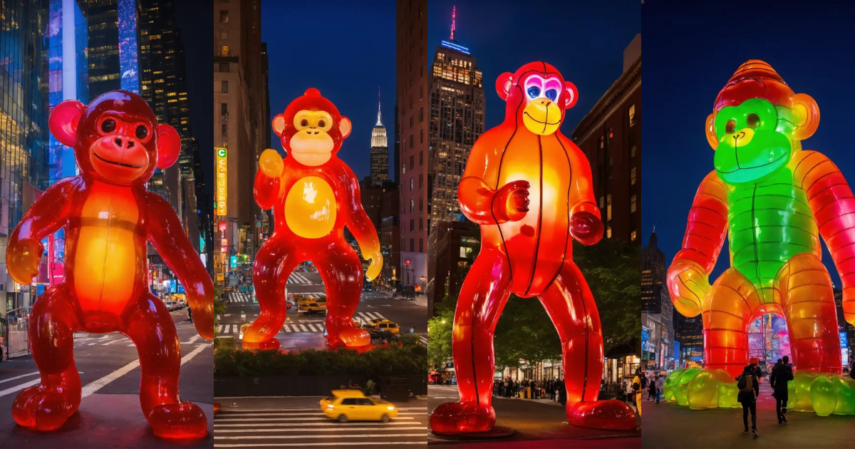 Lexica - A giant gummy monkey, 4 stories tall, walking through new york ...