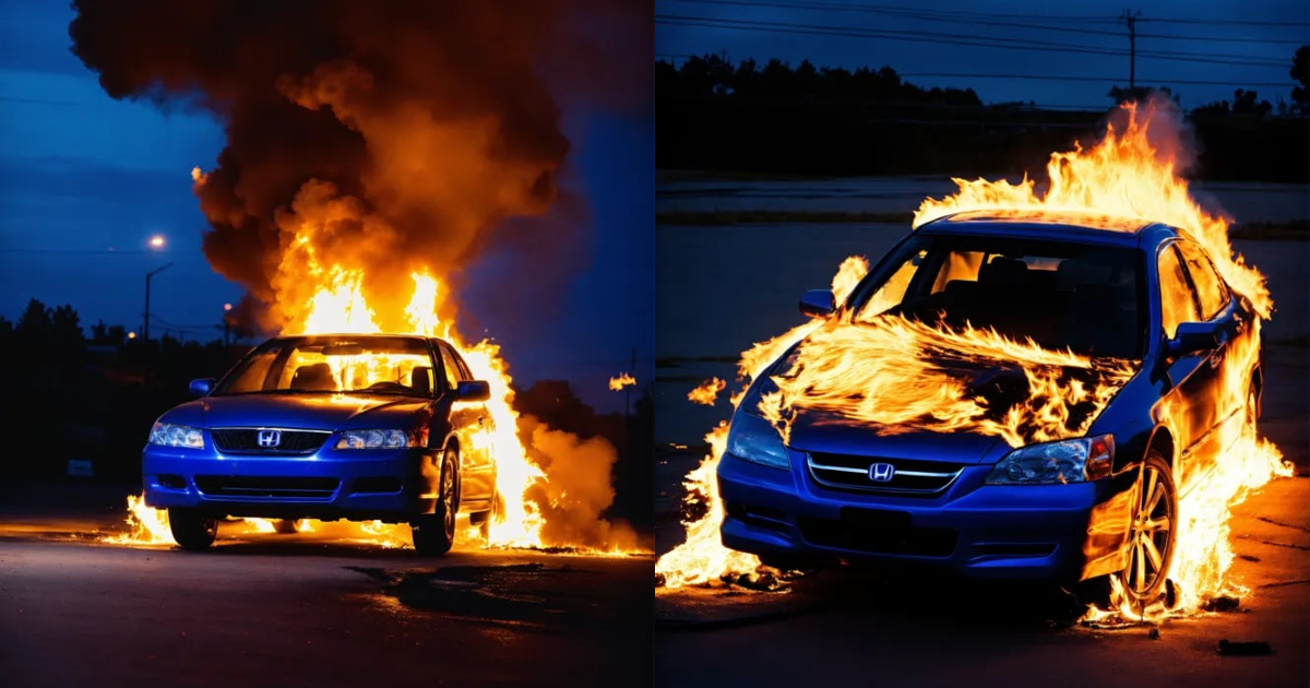 Lexica - A blue 2001 honda accord on fire, dramatic lighting, high contrast