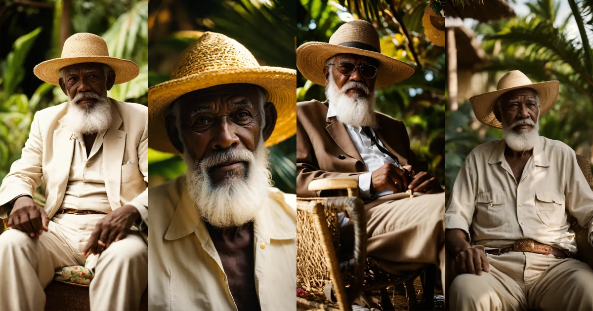Lexica - A wise old man with white beard and bakoua hat in a tropical ...