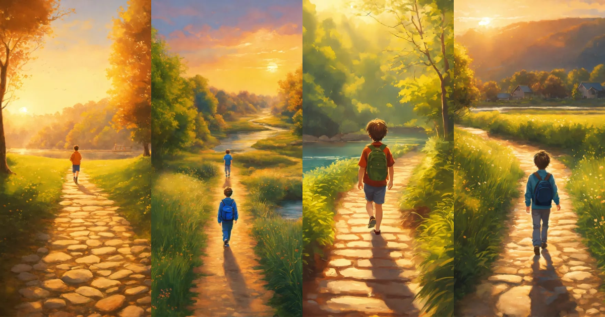 Lexica - A painting of a boy walking on a path, the path behind him has ...