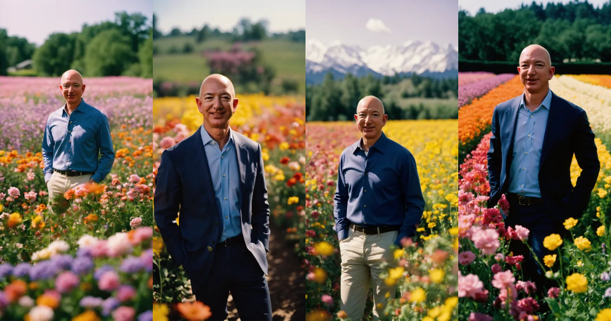 Lexica - Happy Jeff Bezos standing in a beautiful field of flowers ...