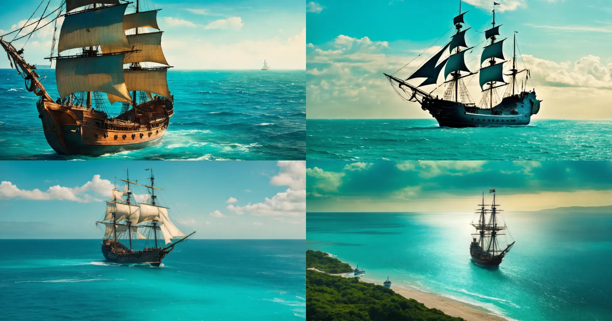 Lexica - A pirate ship in open sea changing course, aerial view ...