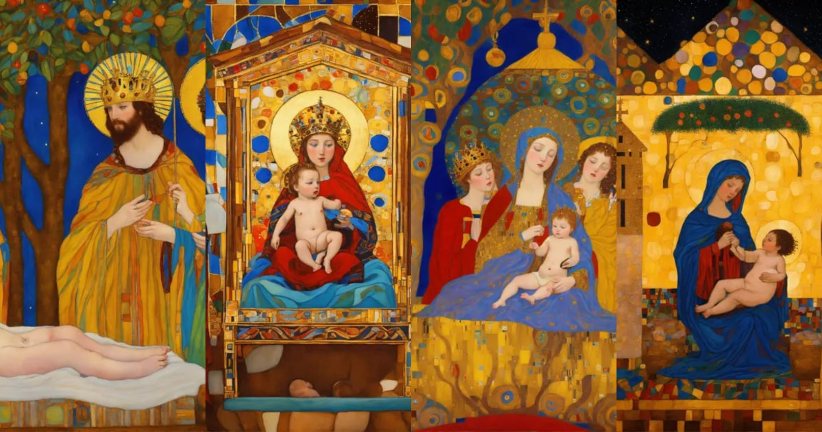 Lexica - Epiphany, Tree Kings visit Baby Jesus, a colorful painting in ...