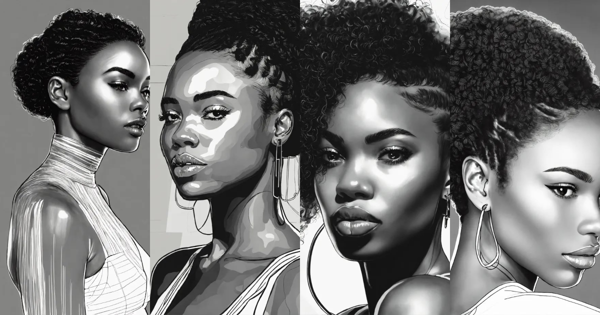 Lexica - Black and white line drawing, black woman, gelled baby hair ...