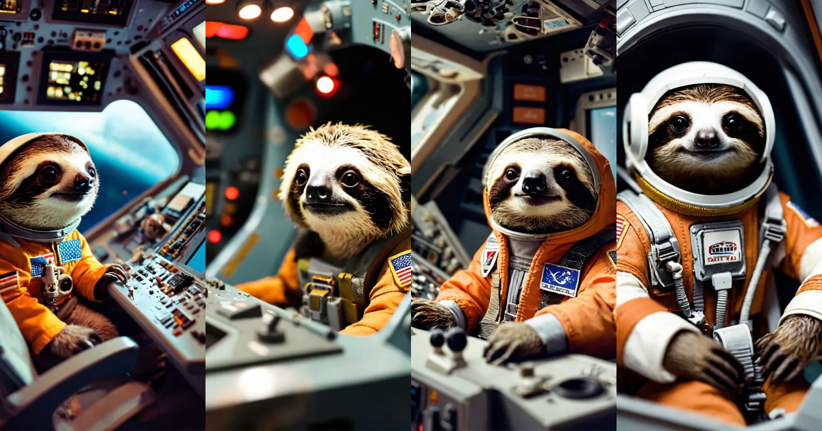 Lexica - A cute and tiny sloth captain inside the Space Shuttle's ...