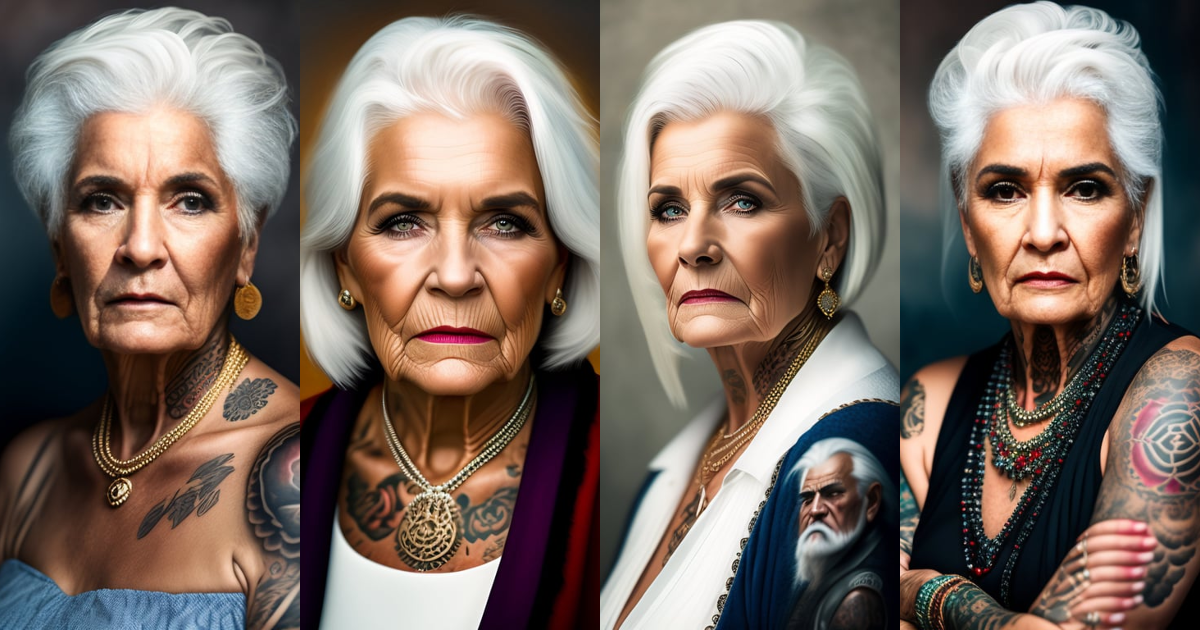 Lexica - Portrait of a grumpy old woman with white hair and tatoos