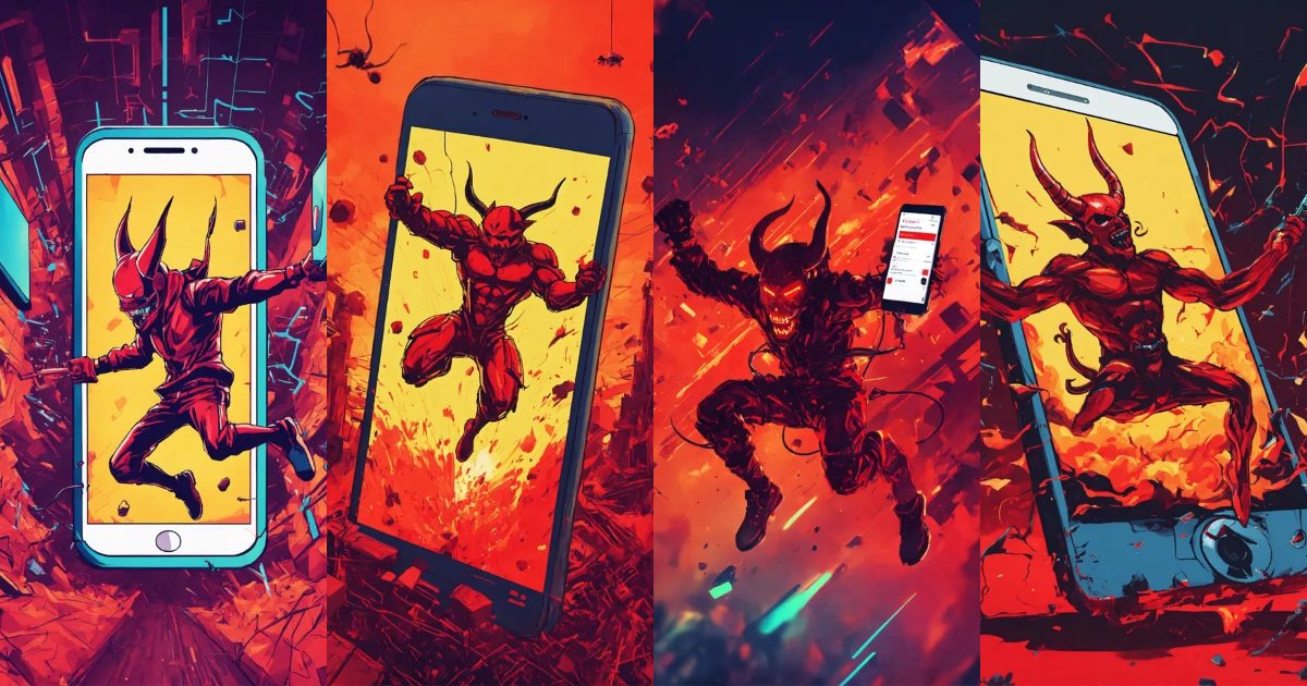 Lexica - Techno devil jumping upside down into smart phone screen cyber ...