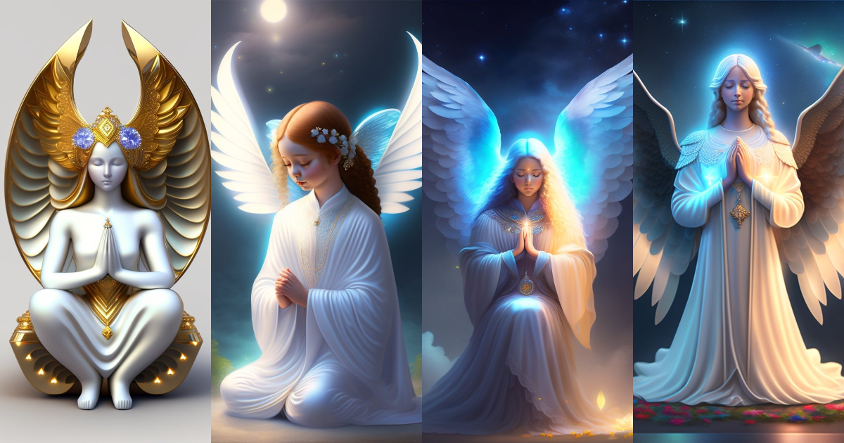 Lexica - A humanoid angelic being with fairy wings kneeling and praying,