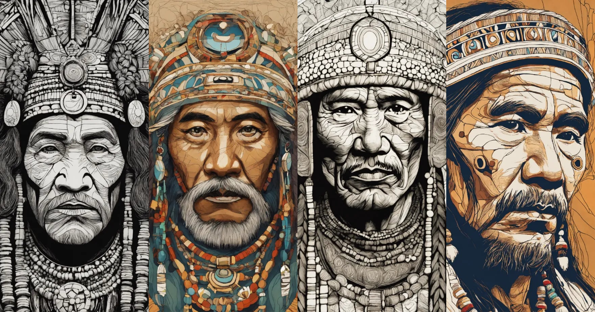 Lexica - Old inuit shaman, jewlery, focused gaze, abstract line style ...