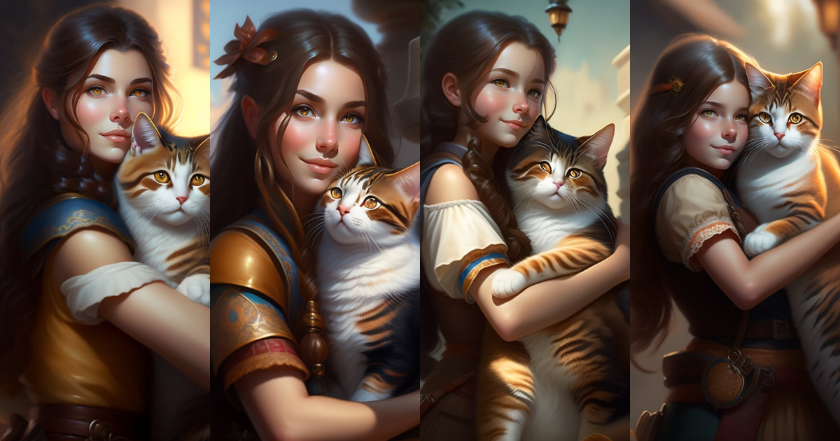 Lexica - A detailed portrait of a cute brunette girl hugging a tabby ...