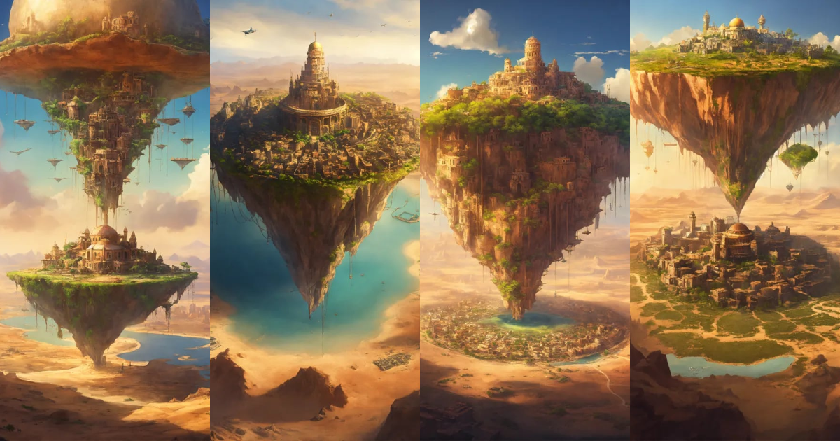Lexica - A flying island with a city on top in the middle of the desert ...