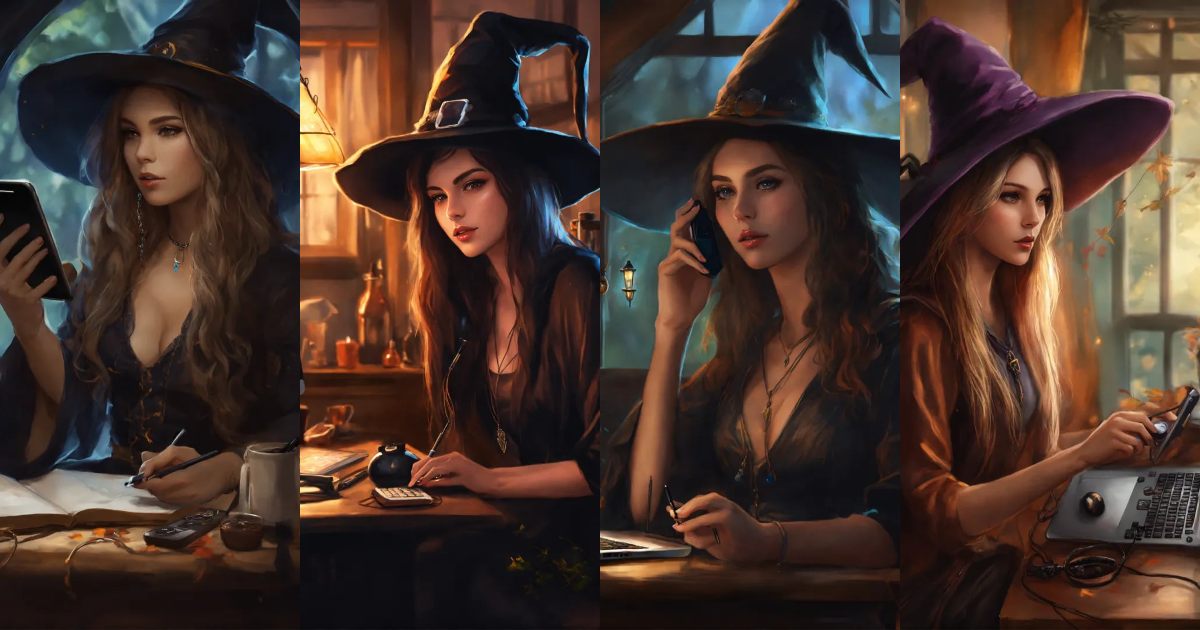 Lexica - Drawing witch on the phone on her computer realistic