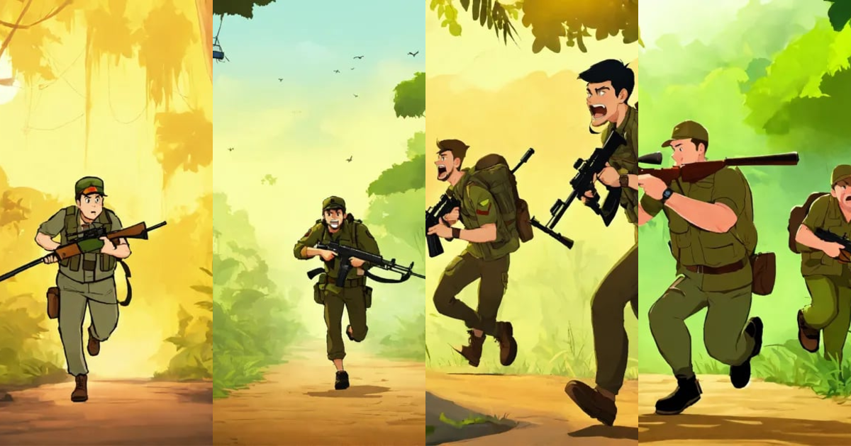 Lexica - Cartoon men hunters are running because of afraid fear scare ...