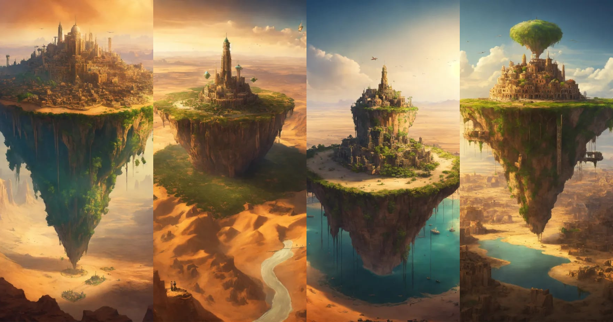 Lexica - A flying island with a city on top in the middle of the desert ...