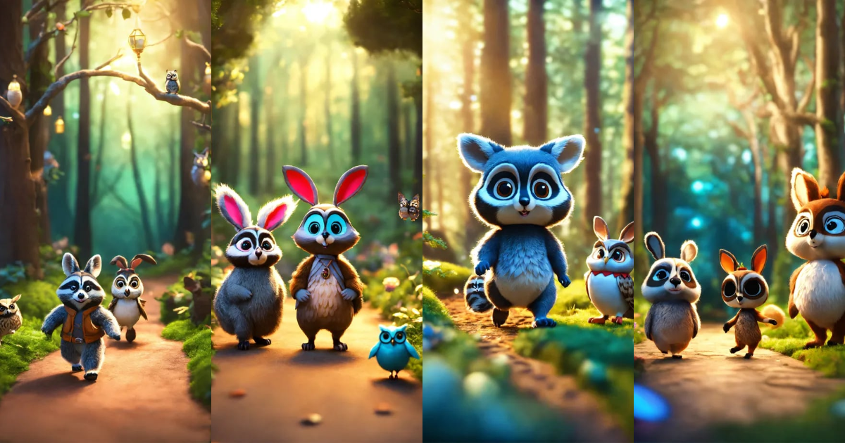 Lexica - Creating a story raccoon rabbit and owl walking in the middle ...