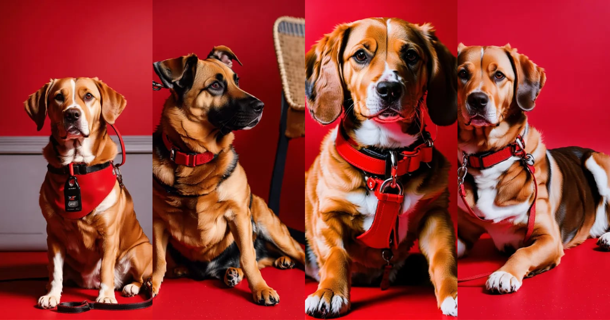 Lexica A photo of a dog wearing a red collar and leash. The dog is sitting on a red background.