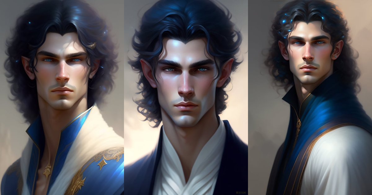 Lexica - Boy face portrait of a slender half elven man with long curly ...