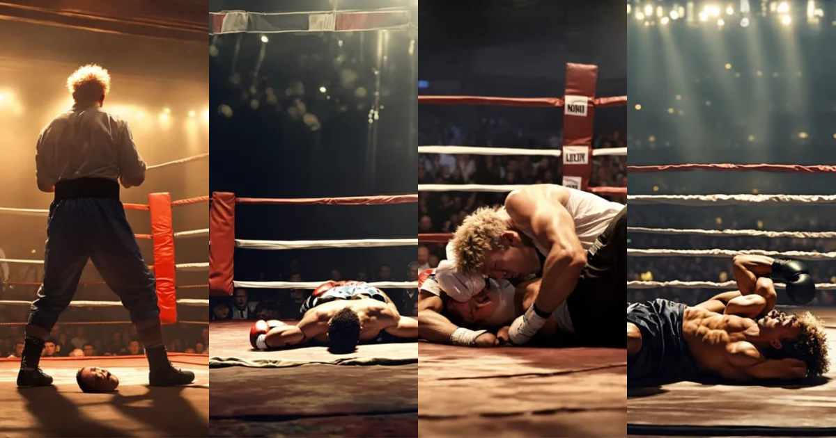 Lexica - Create an image of a man lying on the ground in a boxing ring ...