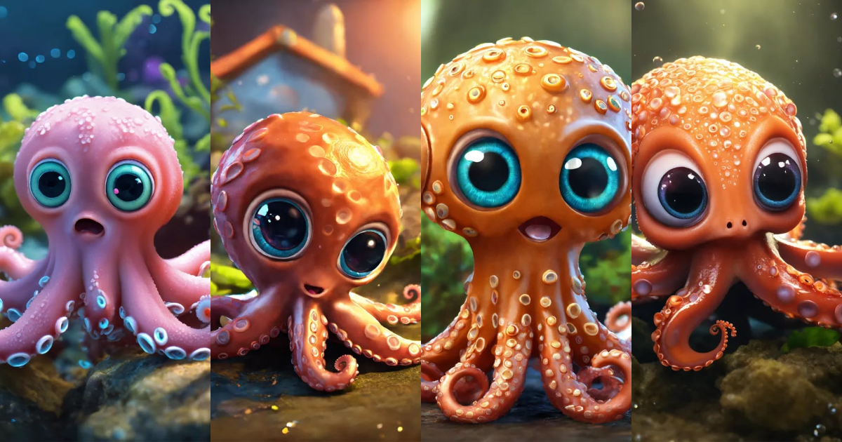 Lexica - A cute baby octopus with big eyes, animated, cartoon, unreal.