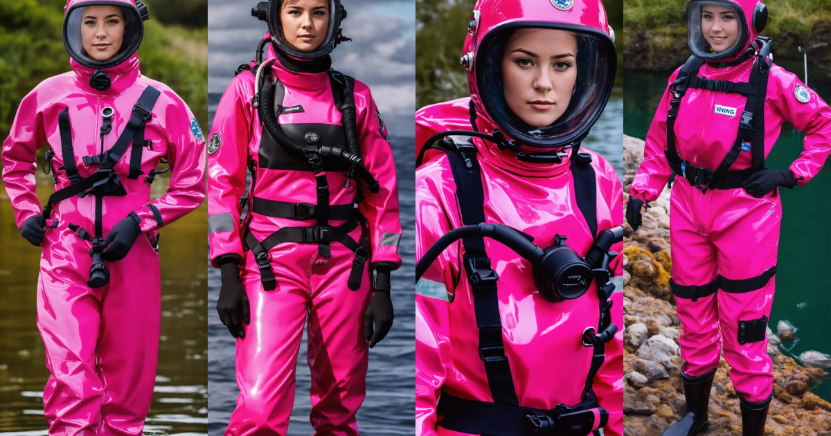 Lexica - Female diver in pink glossy viking drysuit