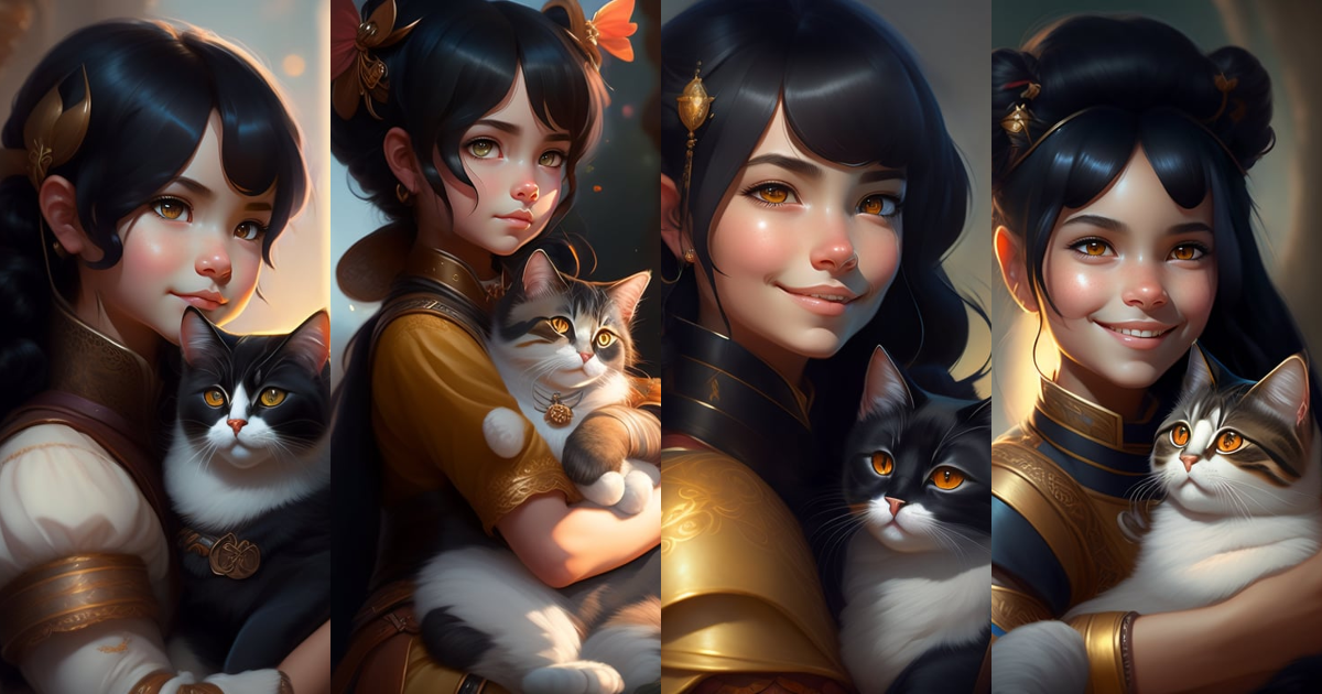 Lexica - A detailed portrait of a cute black hair girl hugging a tabby ...