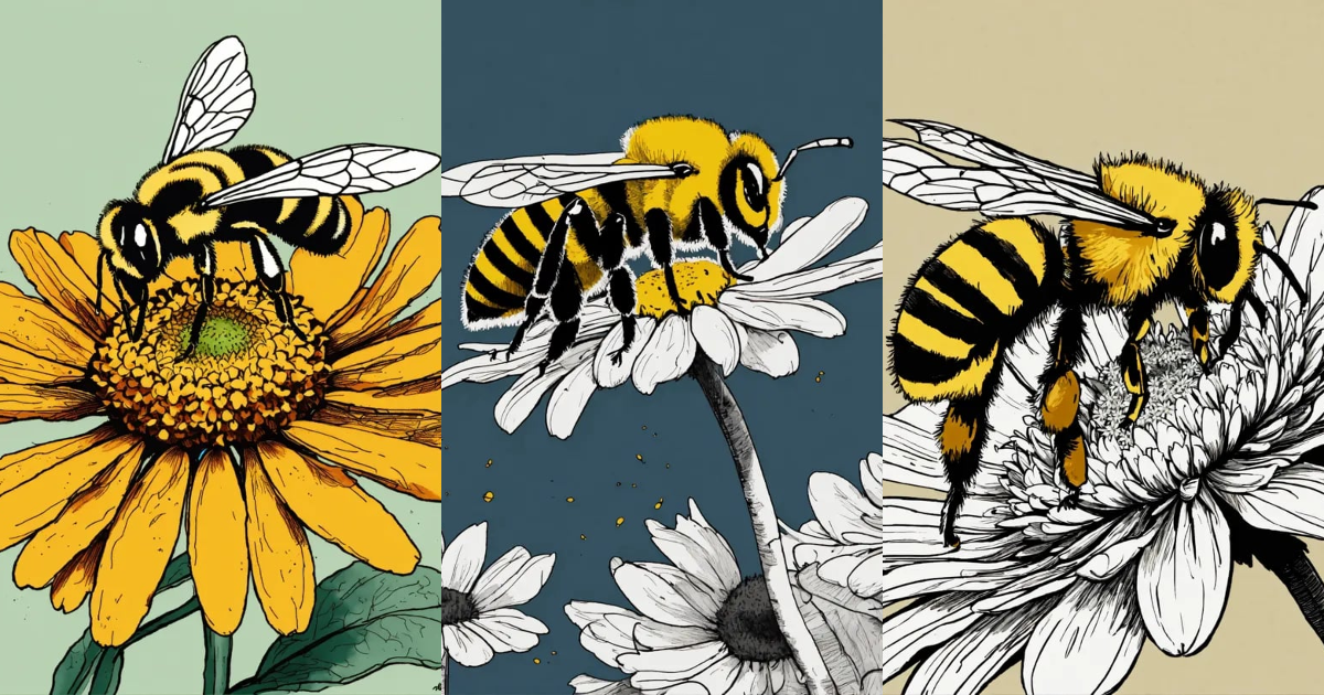 Lexica - Pen and ink sketch of one cute bee buzzing around a daisy ...