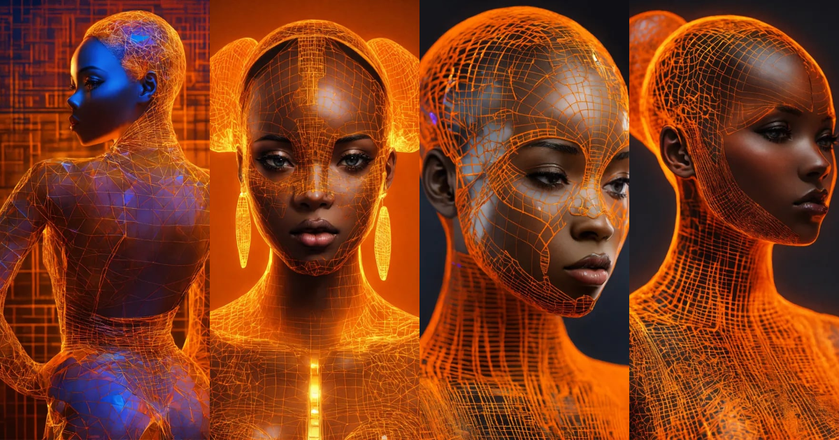 Lexica - Orange African female wireframe hologram