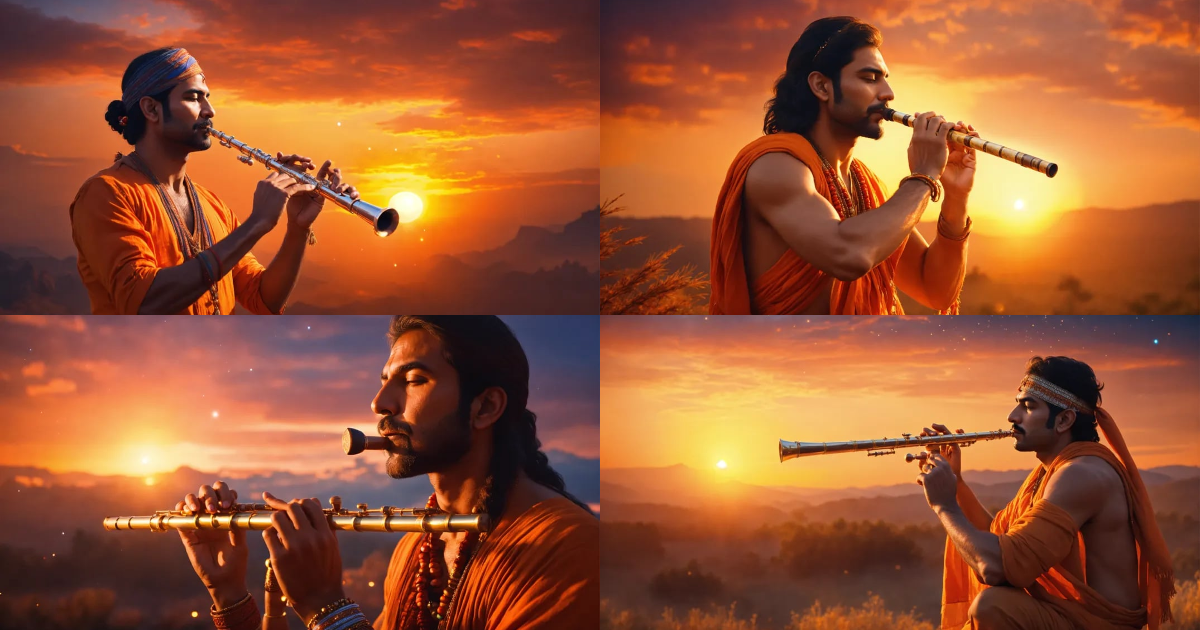 Lexica A handsome man playing indian flute, bright universe, bright orange sunrise,4k