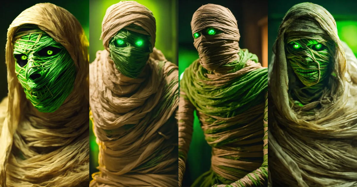 Lexica - Scary wrapped mummy man with beautiful green eyes, full body