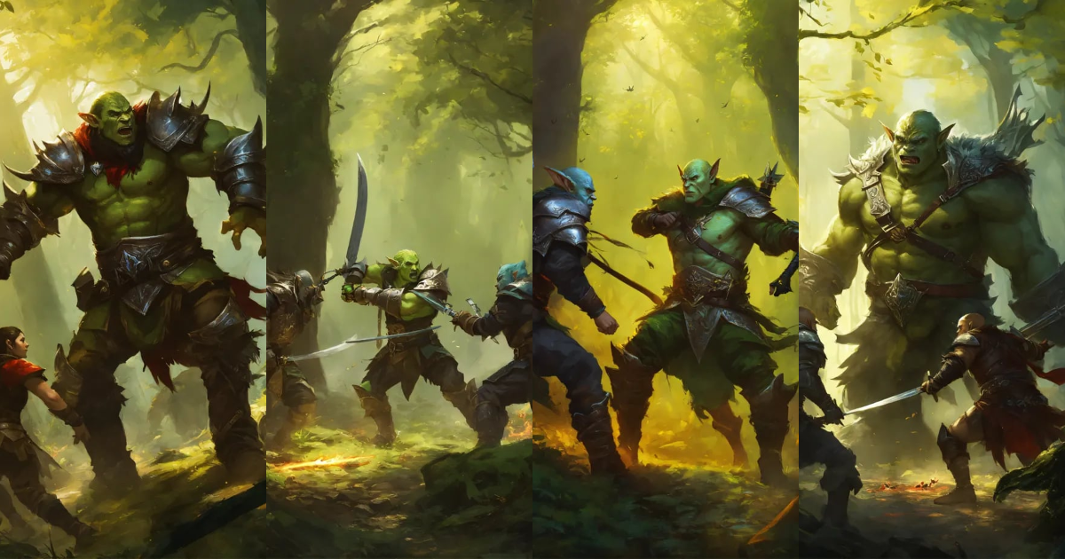 Lexica - One elf fights hand to hand combat with two orcs in a forest ...