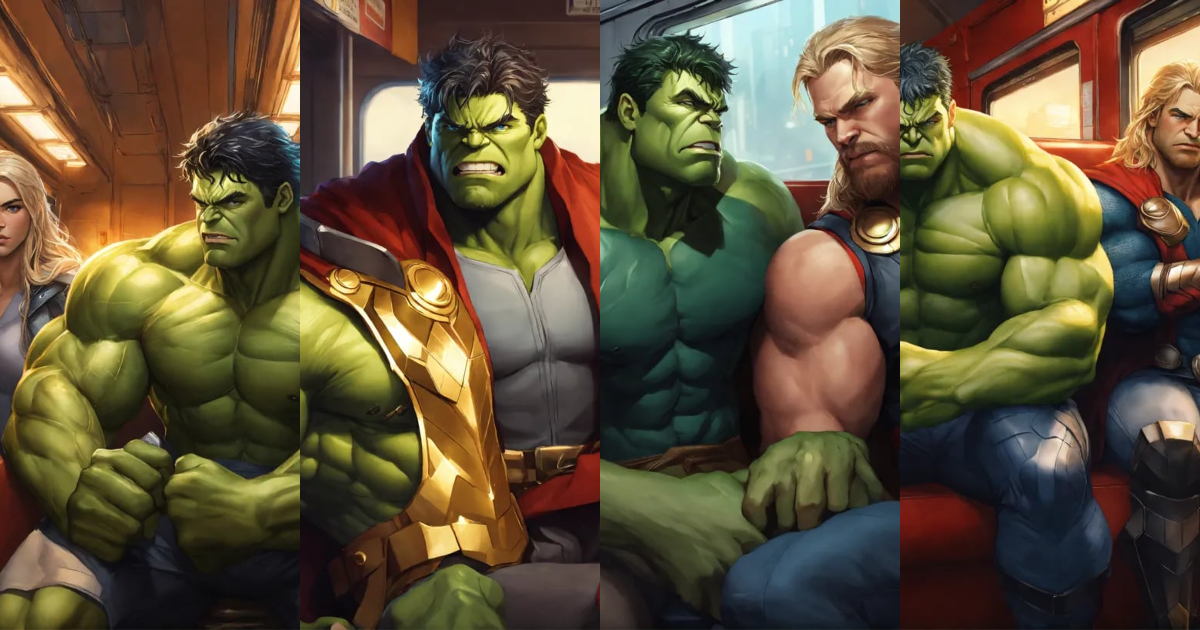 Lexica - Artgerm hulk and thor are sitting in a train, very crowded ...
