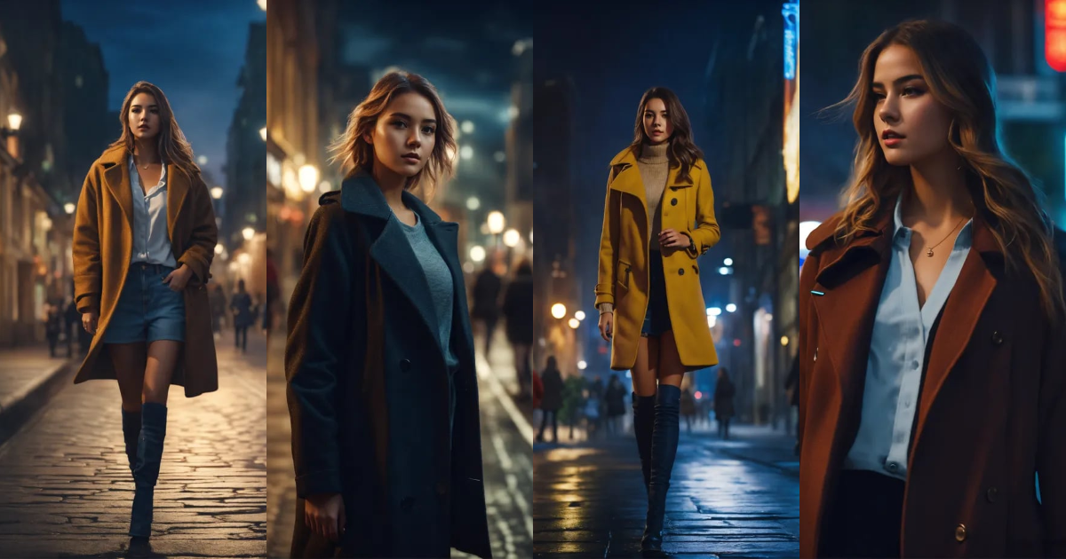 Lexica - Beautiful girl in short coat walking through the city at night ...