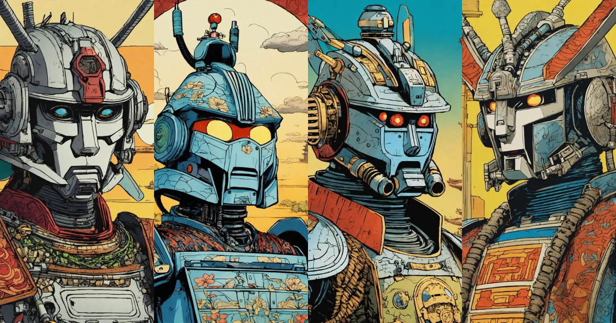 Lexica - Detailed pen and ink illustration of a samurai robot, head ...