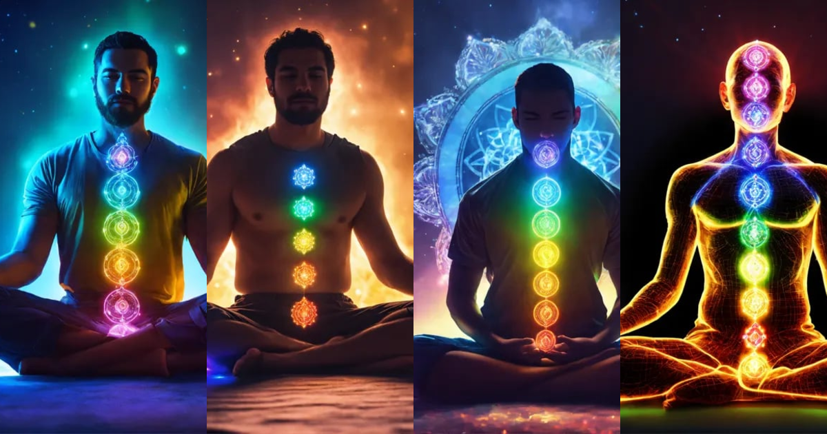 Lexica - Man sitting, chakras lit up, 4k, high resolution, photo quality