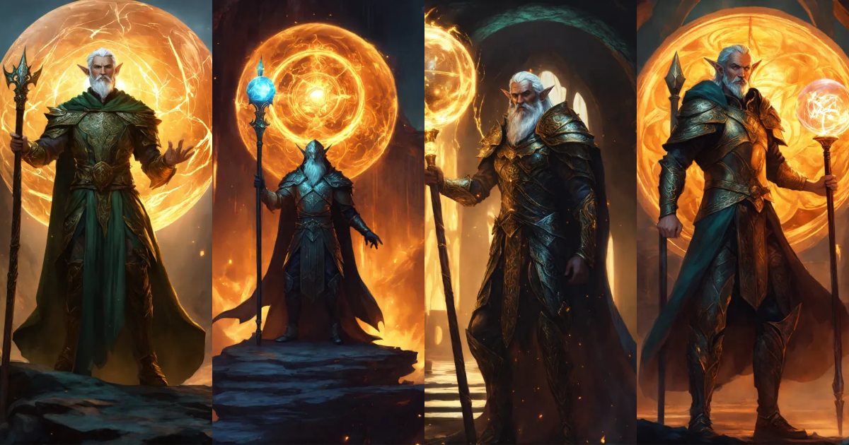 Lexica - Create a elder elf god in a heroic pose, holding a staff, back ...