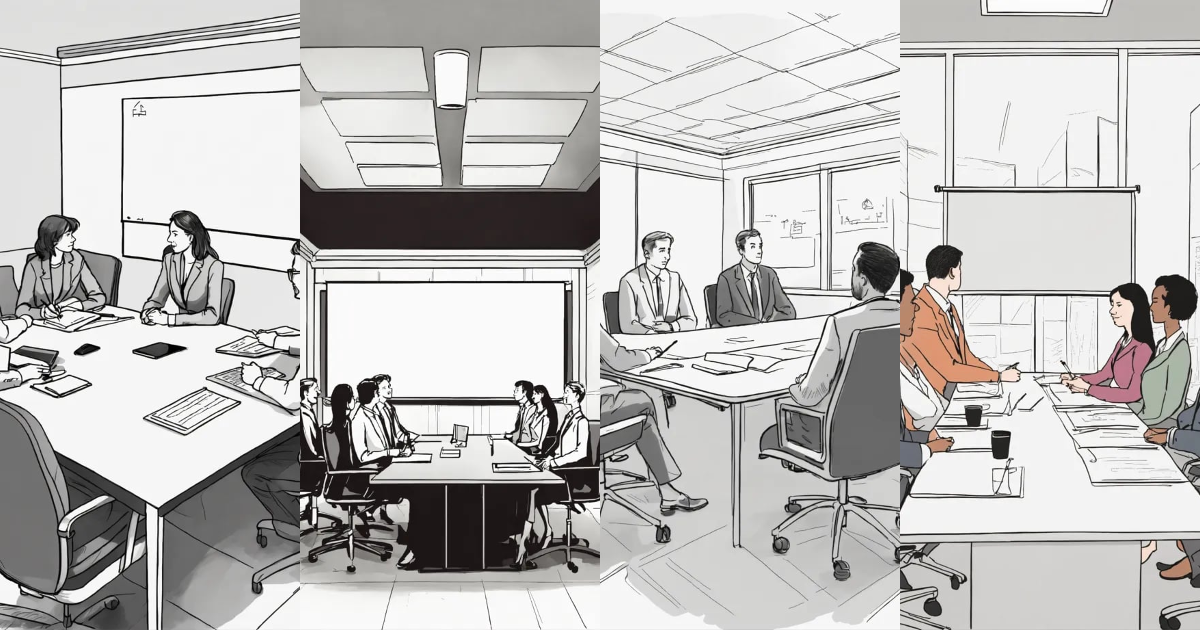 Lexica - Detailed line drawing of a conference room with four people ...