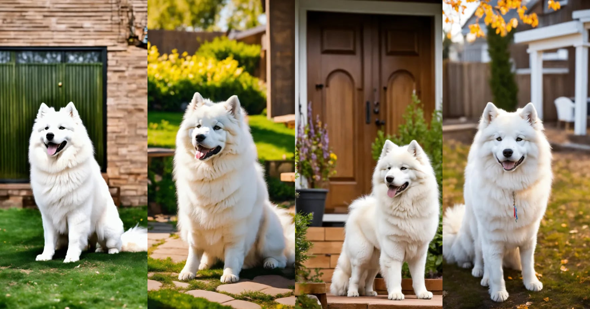 Lexica - Samoyed in the backyard of the house, with its front right paw ...