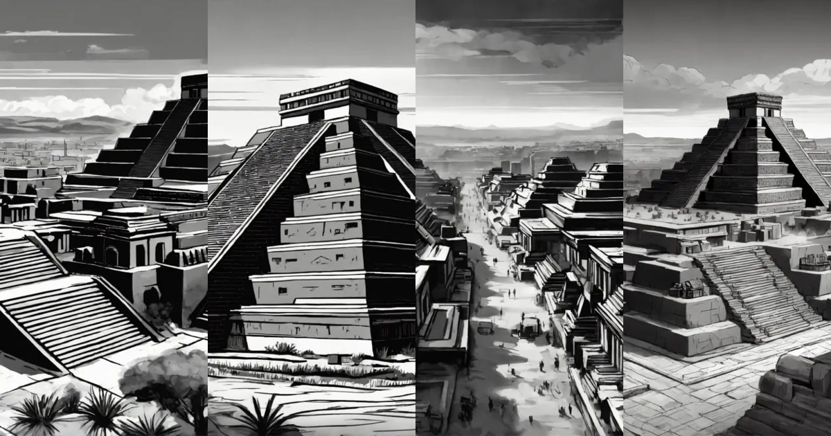 Lexica - Graphic stylized drawing of aztec city in grayscale, 8k