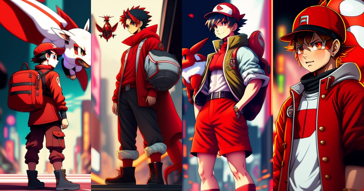 Lexica - A picture of a full body male pokemon trainer in red and white with  a flying charizard in a neo punk city, color full, highly detailed,vinta