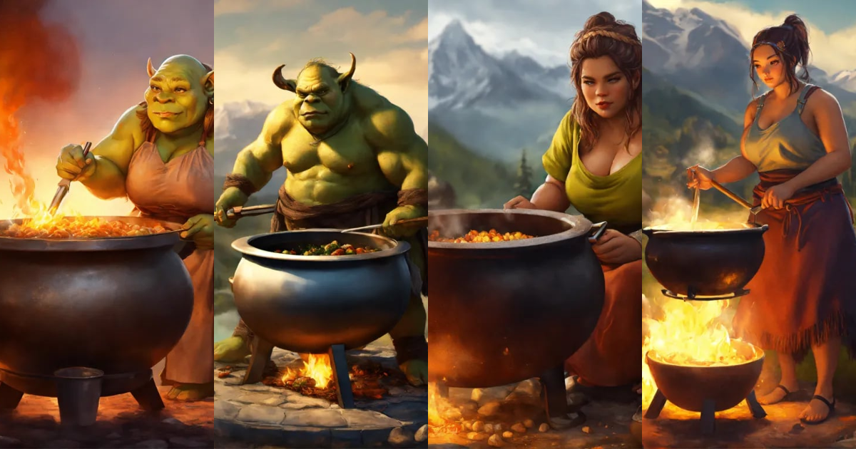 Lexica - Ogre female cooking in a cauldron, mountain, digital painting ...