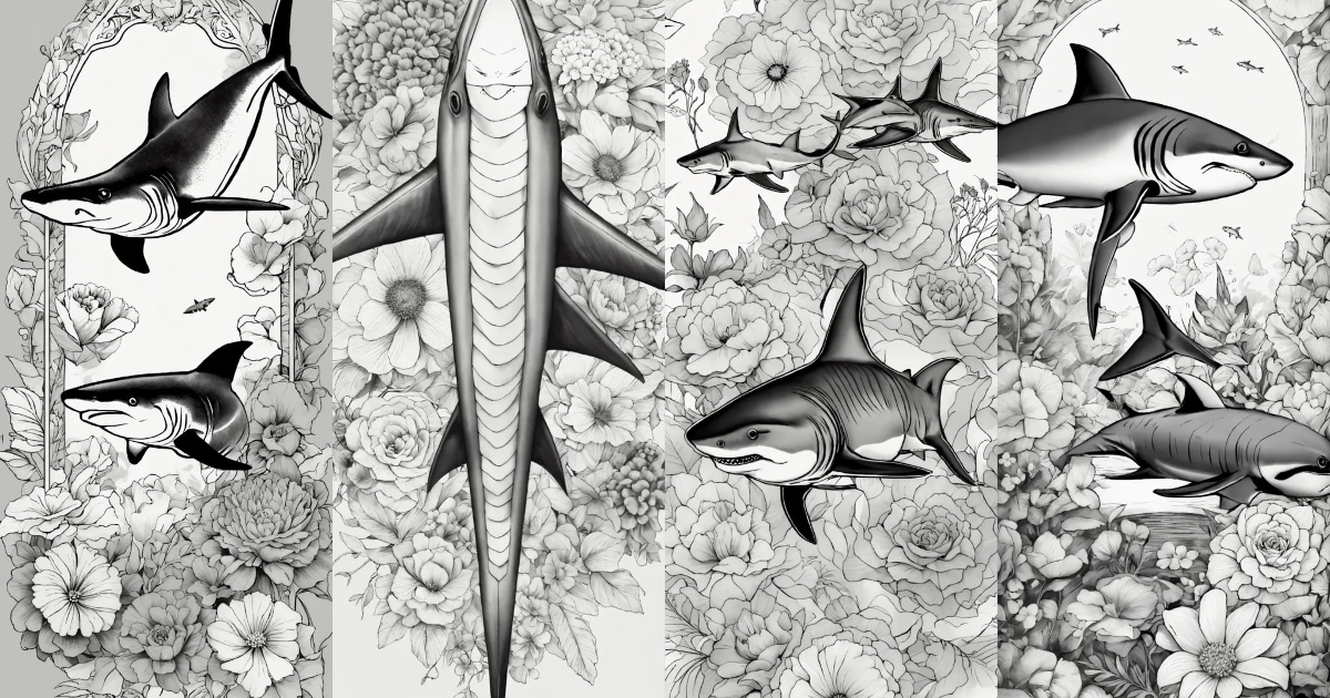Lexica - Hammerhead sharks over flowers, tattoo style, black and white