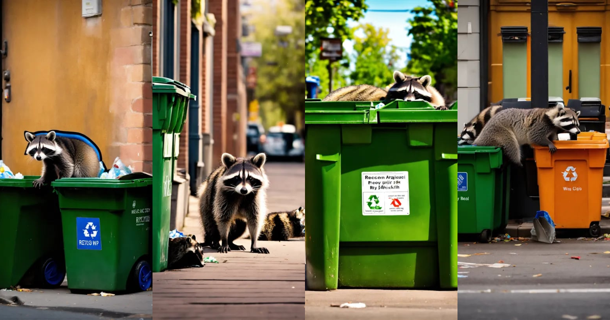 Lexica A photograph of a raccoon digging through recycling bins on a