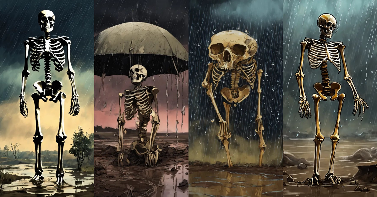 Lexica - Digital art drawing of bones in the mud and rain.