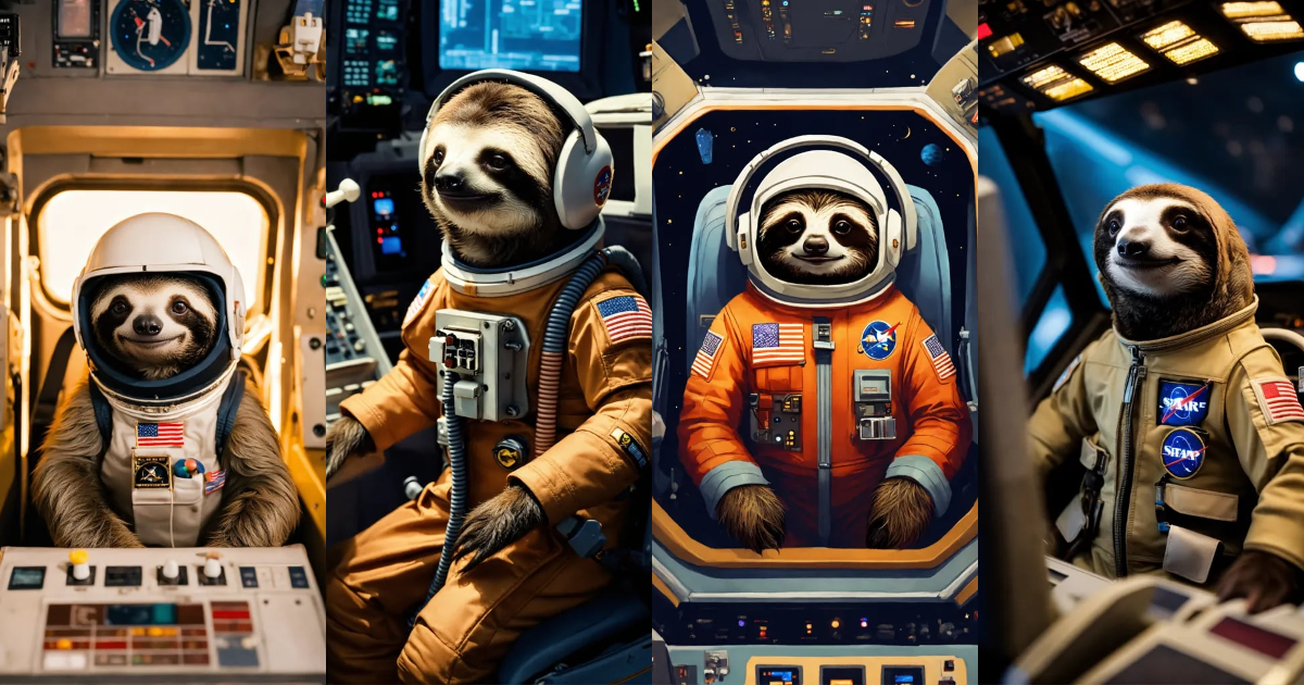 Lexica - A cute and tiny sloth captain inside the Space Shuttle's ...