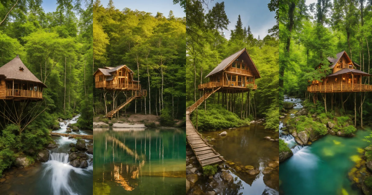 Lexica - Tree houses surrounded by large forest with clear rivers