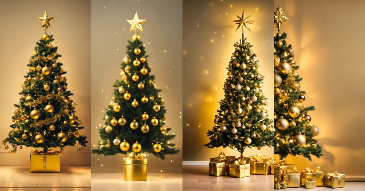 Lexica - A tall christmas tree with gold vintage ornaments and yellow ...
