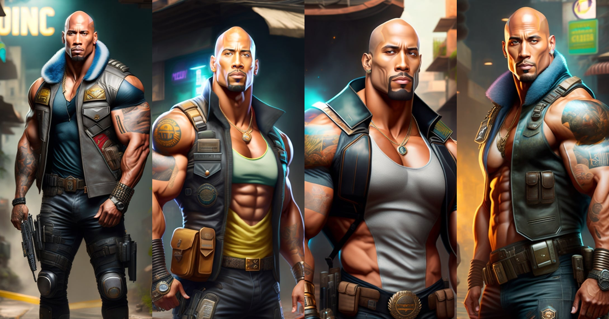 Lexica - Dwayne johnson, slum cyberpunk brazilian white man, holding a ...